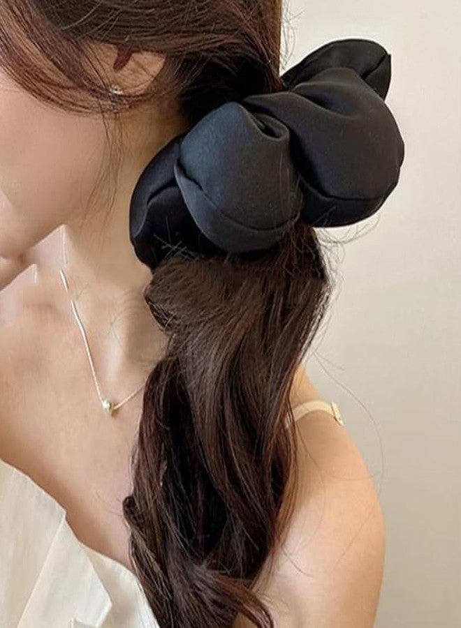 دينبري ربطات شعر ساتان كبيرة مزينة بالزهور للنساء، ربطات شعر حريرية على شكل زهور للفتيات، إكسسوارات شعر كورية عصرية كبيرة الحجم مزينة بالزهور للشعر الكثيف المجعد (أسود وبيج) - Image 5